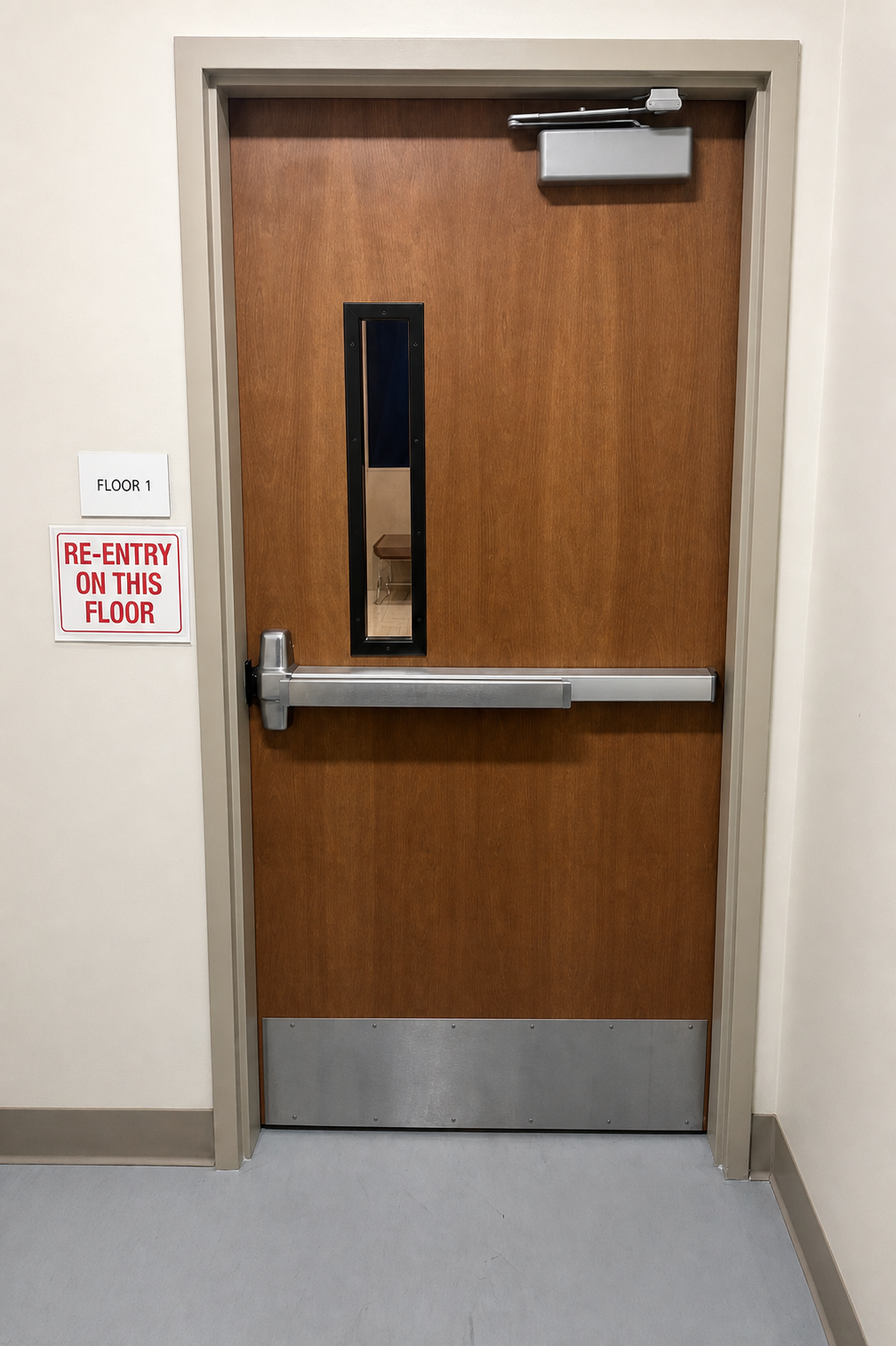 Anonymous healthcare fire door with exit hardware documented during inspection