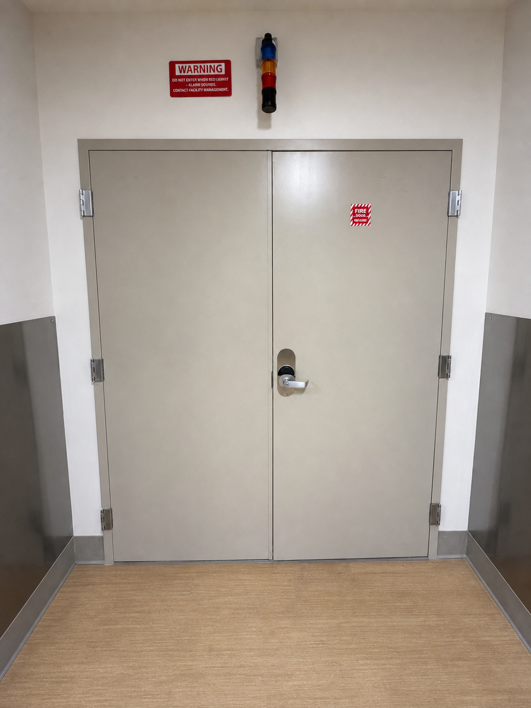 Anonymous double fire door assembly documented during a new hospital inspection